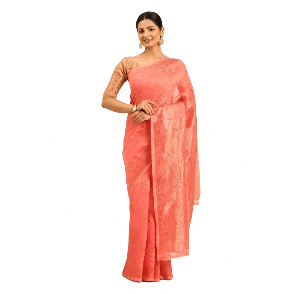 Clasymist Women's Cotton Woven Design Saree With Unstitched Blouse 5.5Mtr (Peach)