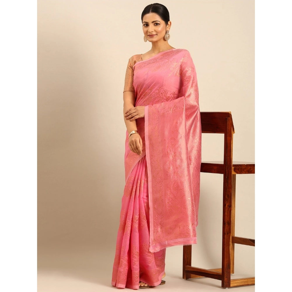 Clasymist Women's Cotton Woven Design Saree With Unstitched Blouse 5.5Mtr (Pink)