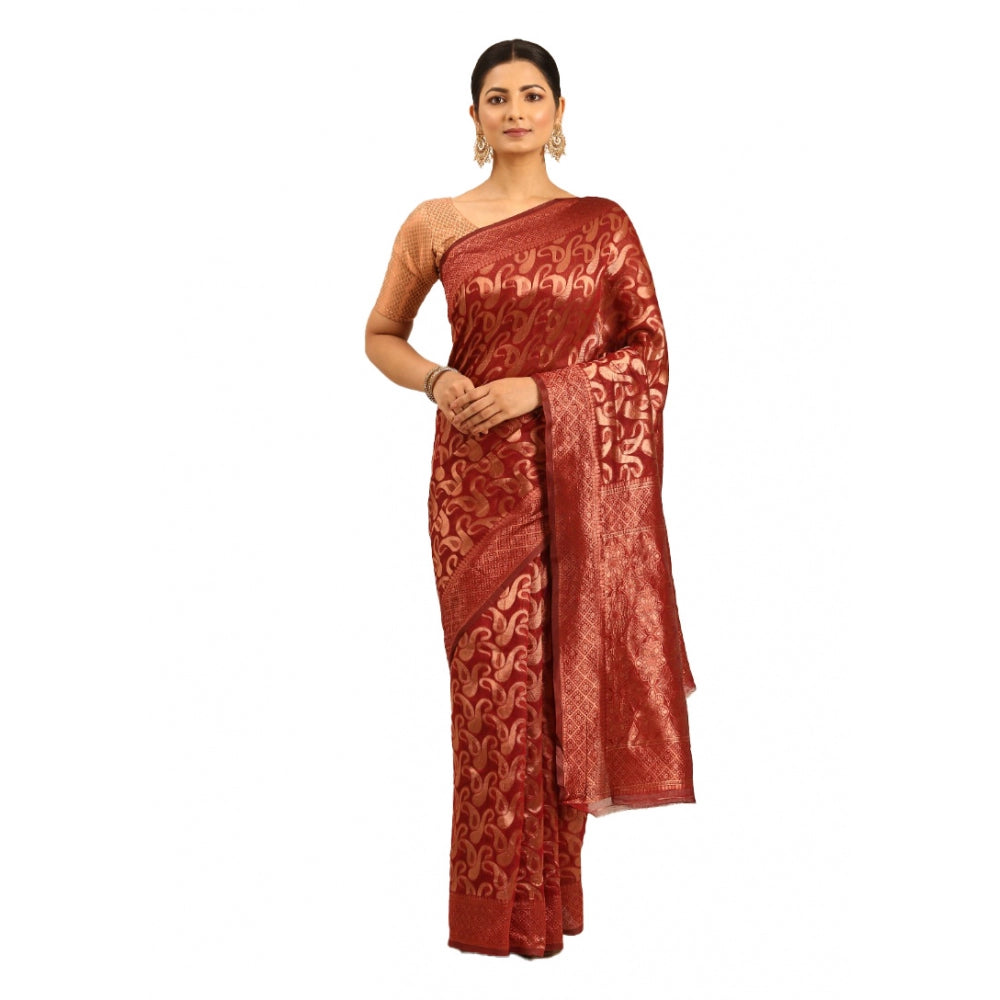 Clasymist Women's Cotton Woven Design Saree With Unstitched Blouse 5.5Mtr (Maroon)