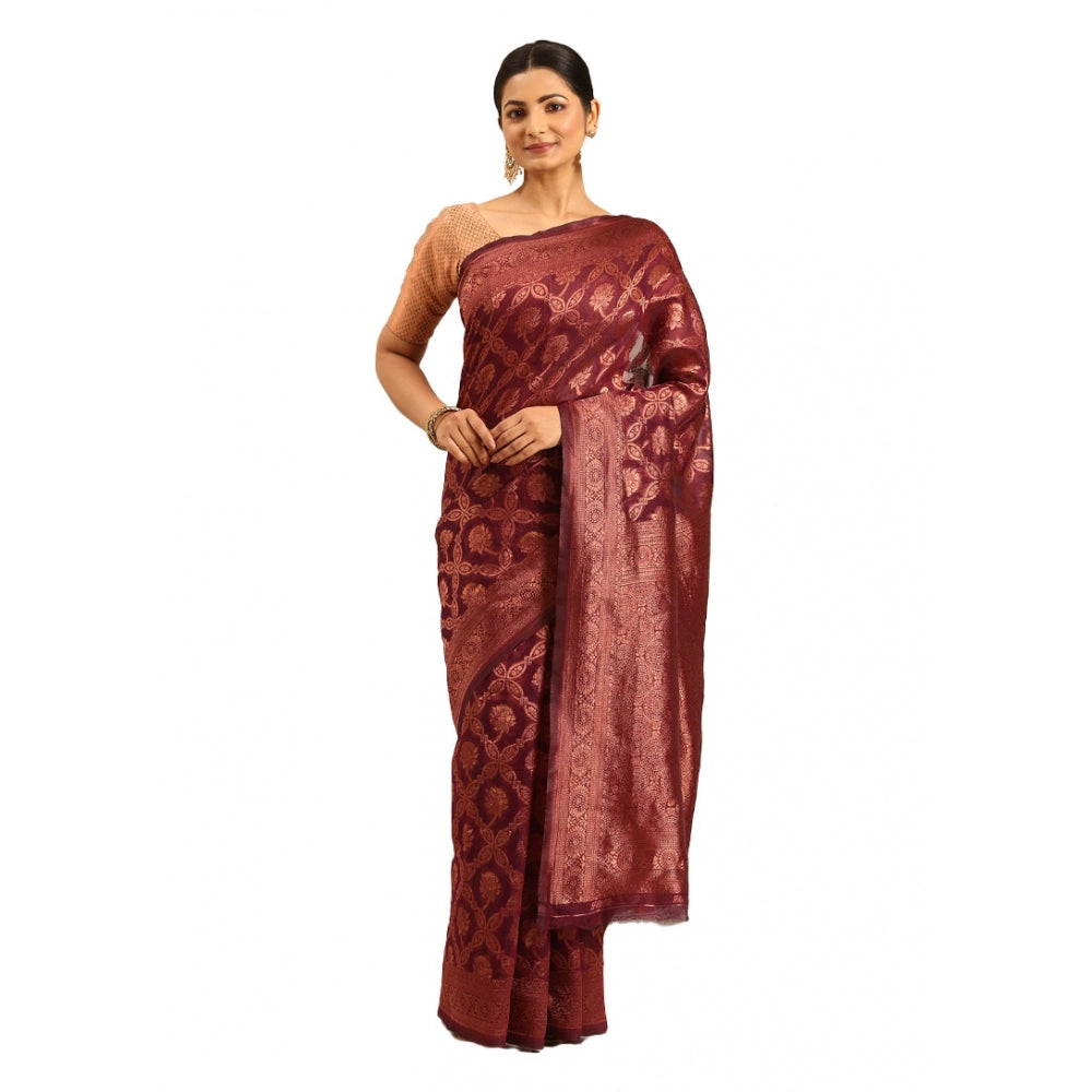 Clasymist Women's Cotton Woven Design Saree With Unstitched Blouse 5.5Mtr (Wine)