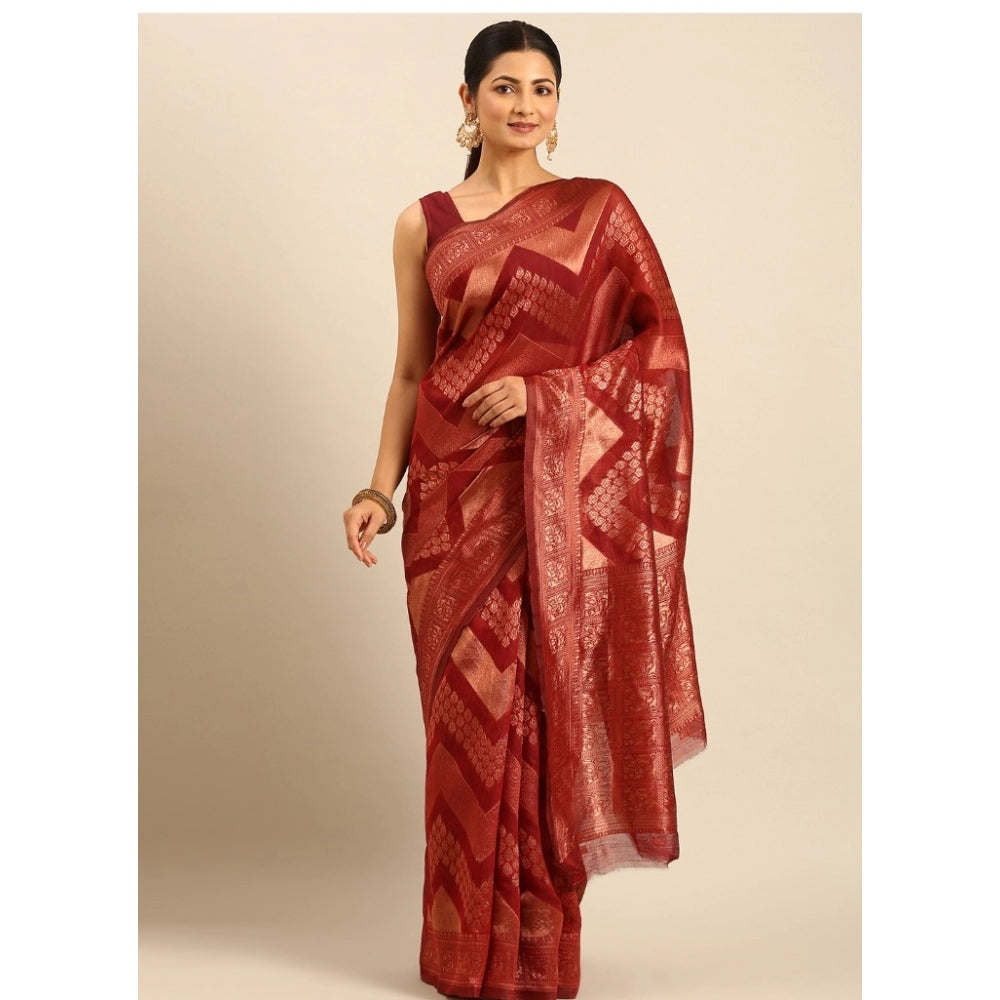 Clasymist Women's Cotton Woven Design Saree With Unstitched Blouse 5.5Mtr (Maroon)