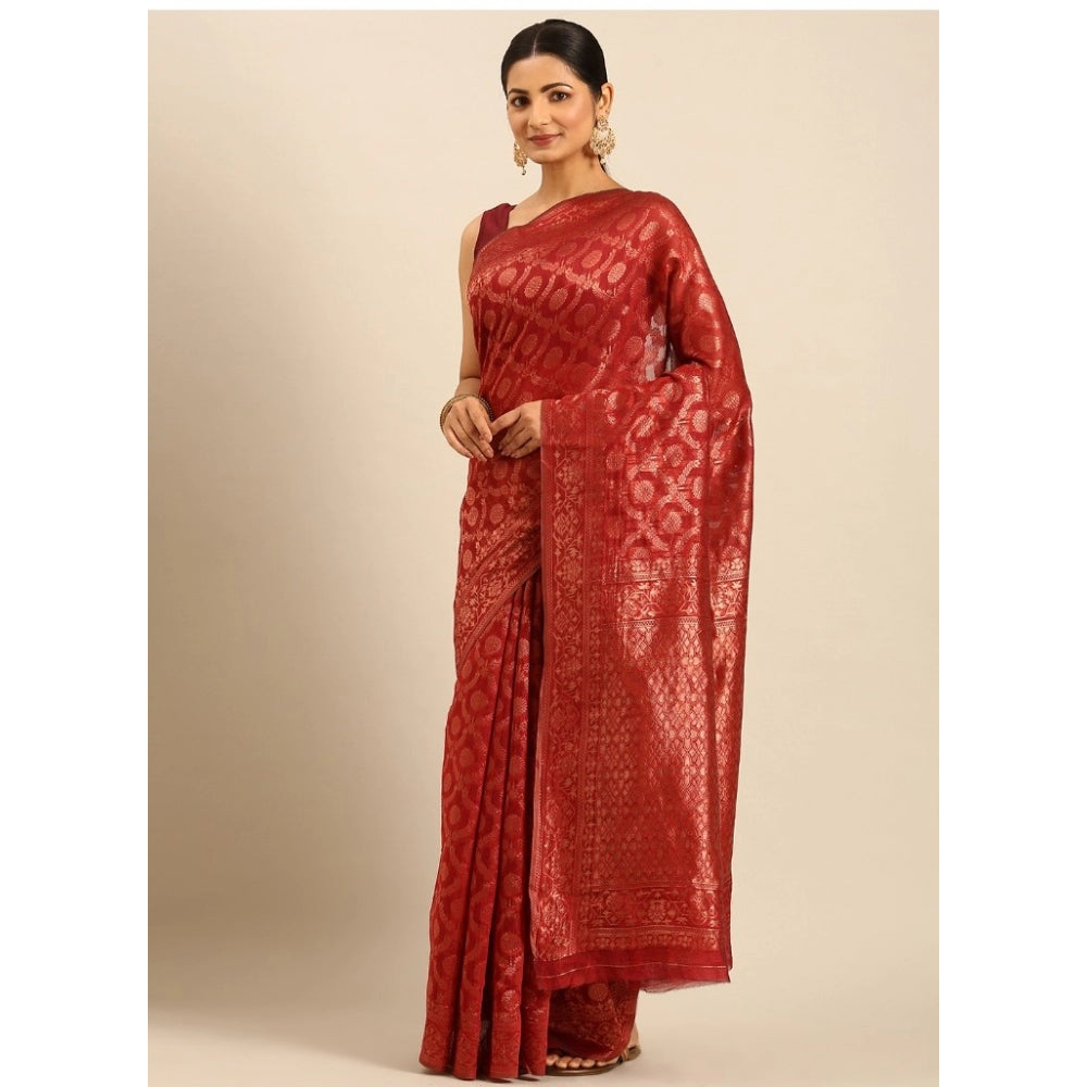 Clasymist Women's Cotton Woven Design Saree With Unstitched Blouse 5.5Mtr (Red)