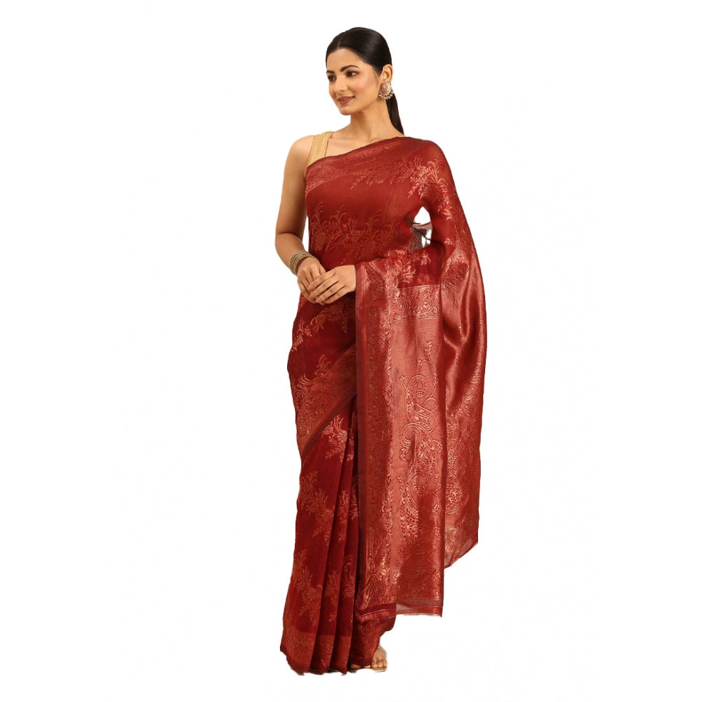 Clasymist Women's Cotton Woven Design Saree With Unstitched Blouse 5.5Mtr (Red)