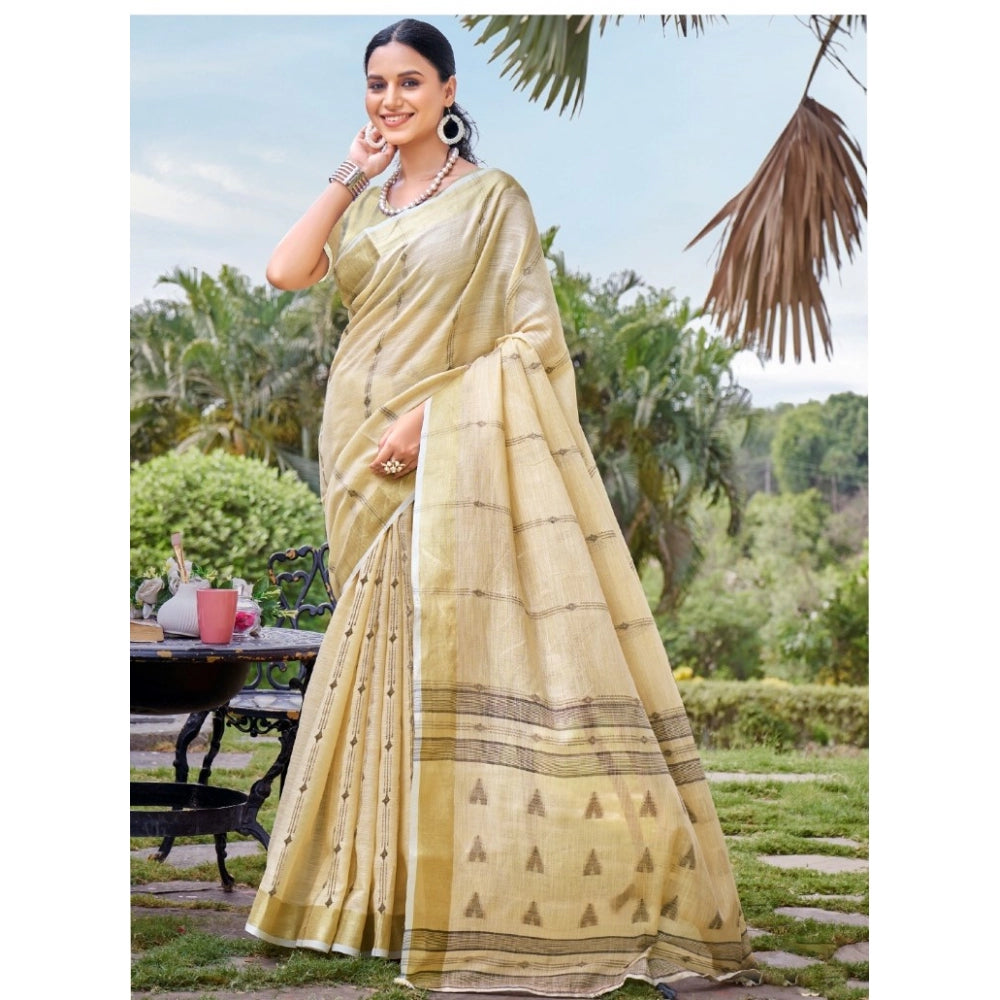 Clasymist Women's Cotton Printed Saree With Unstitched Blouse 5.5Mtr (Cream-Grey)