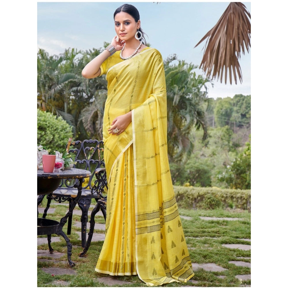 Clasymist Women's Cotton Printed Saree With Unstitched Blouse 5.5Mtr (Yellow)