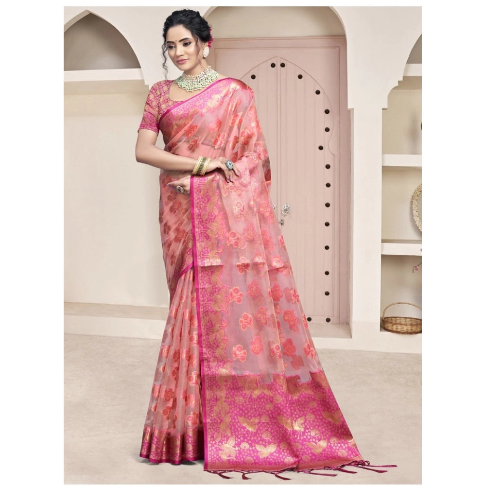 Clasymist Women's Organza Woven Design Saree With Unstitched Blouse 5.5Mtr (Pink)