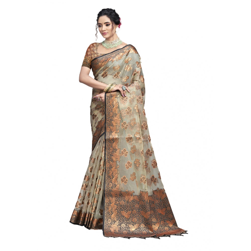 Clasymist Women's Organza Woven Design Saree With Unstitched Blouse 5.5Mtr (Grey)