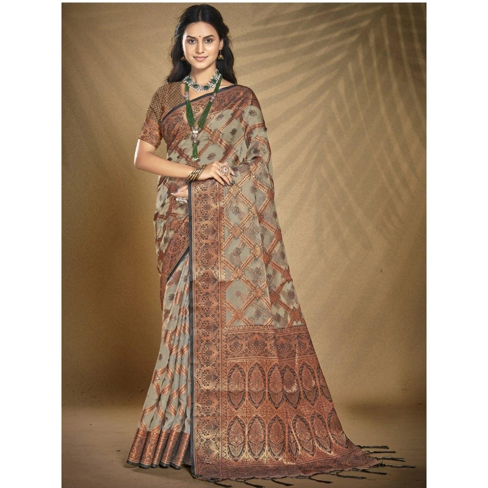 Clasymist Women's Organza Woven Design Saree With Unstitched Blouse 5.5Mtr (Grey)