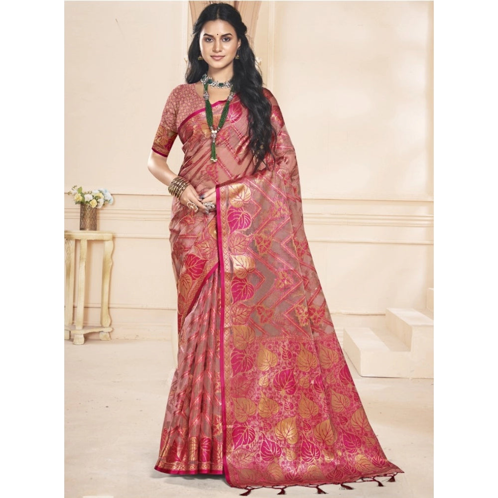 Clasymist Women's Organza Woven Design Saree With Unstitched Blouse 5.5Mtr (Pink)