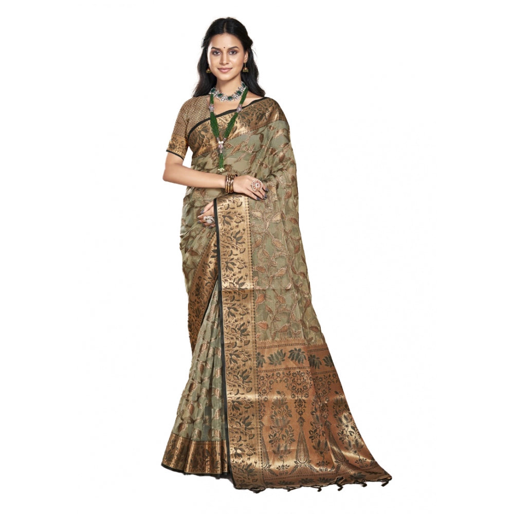 Clasymist Women's Organza Woven Design Saree With Unstitched Blouse 5.5Mtr (Grey)