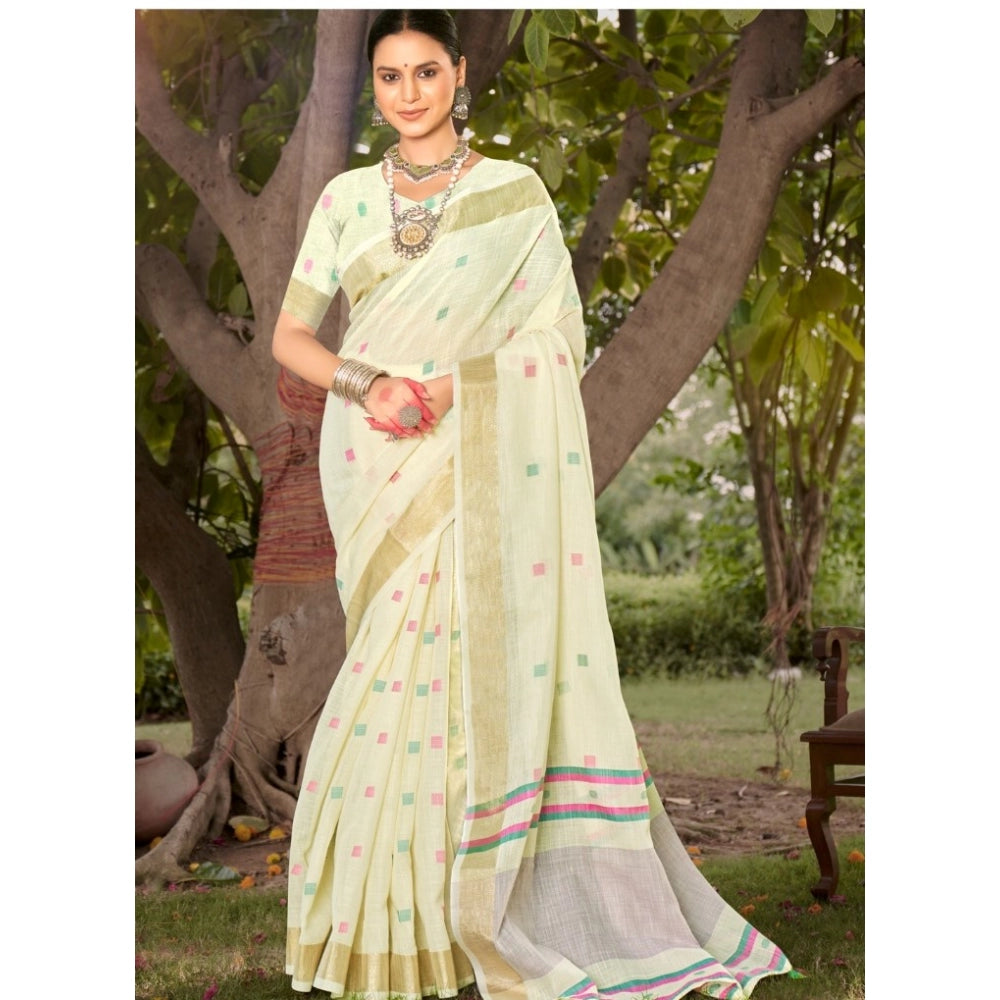 Clasymist Women's Cotton Printed Saree With Unstitched Blouse 5.5Mtr (Off white)