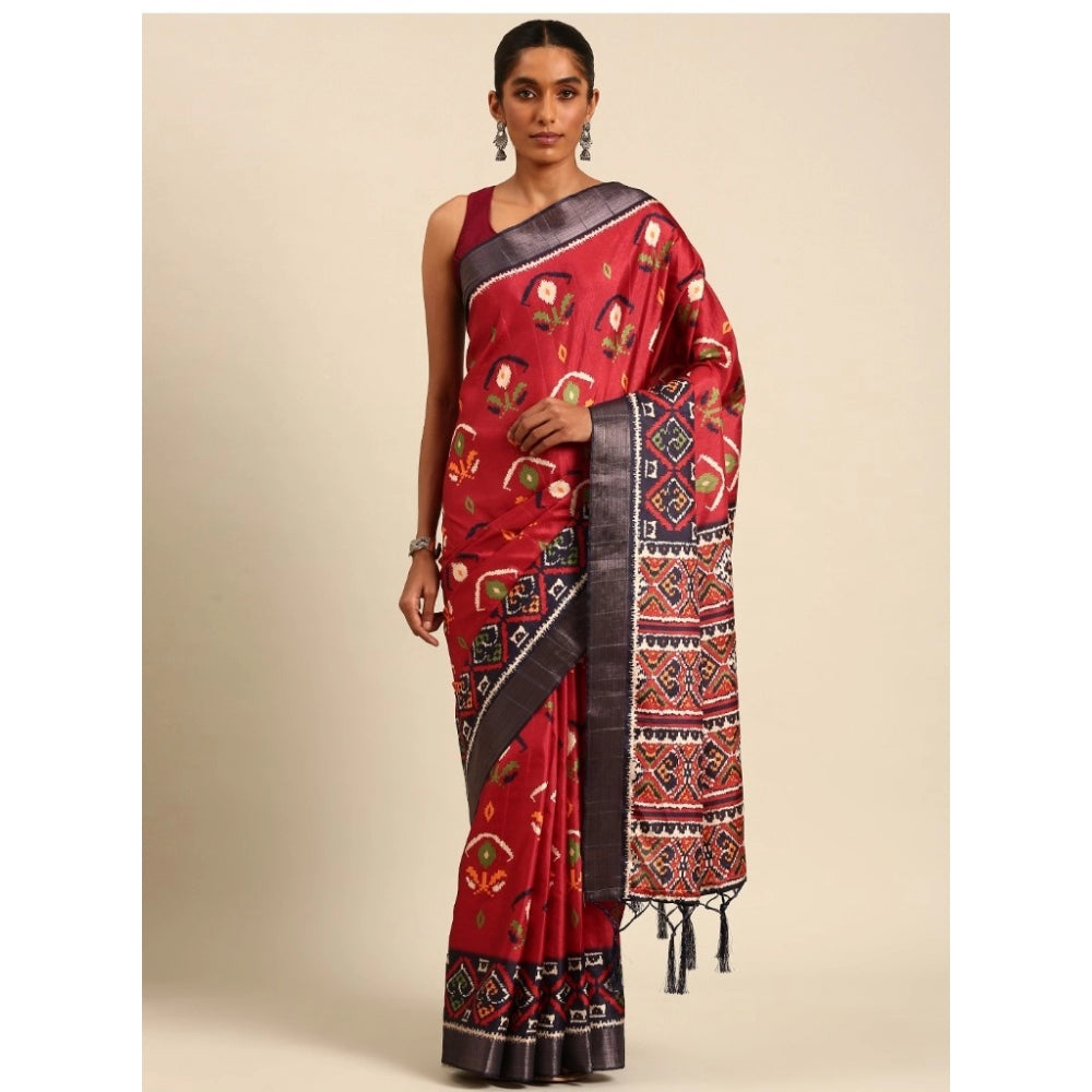 Clasymist Women's Cotton Printed Saree With Unstitched Blouse 5.5Mtr (Red)