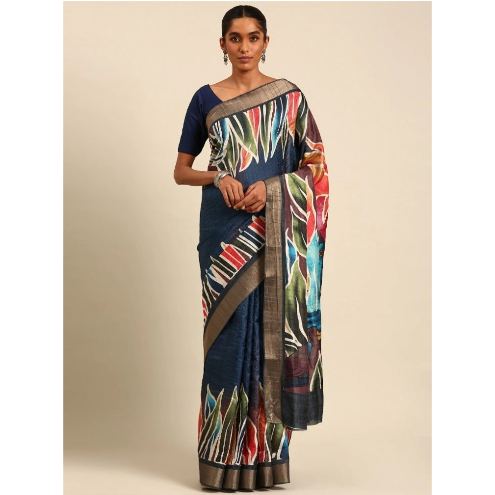 Clasymist Women's Cotton Printed Saree With Unstitched Blouse 5.5Mtr (Navy-Blue)