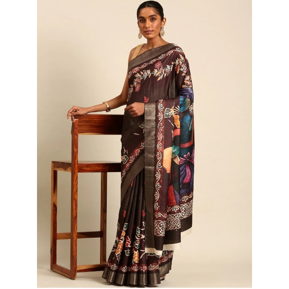 Clasymist Women's Cotton Printed Saree With Unstitched Blouse 5.5Mtr (Brown)