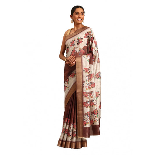 Clasymist Women's Cotton Printed Saree With Unstitched Blouse 5.5Mtr (Cream)