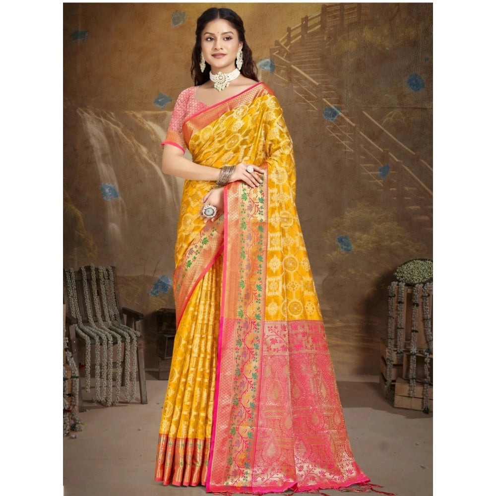 Clasymist Women's Silk Woven Design Saree With Unstitched Blouse 5.5Mtr (Yellow)