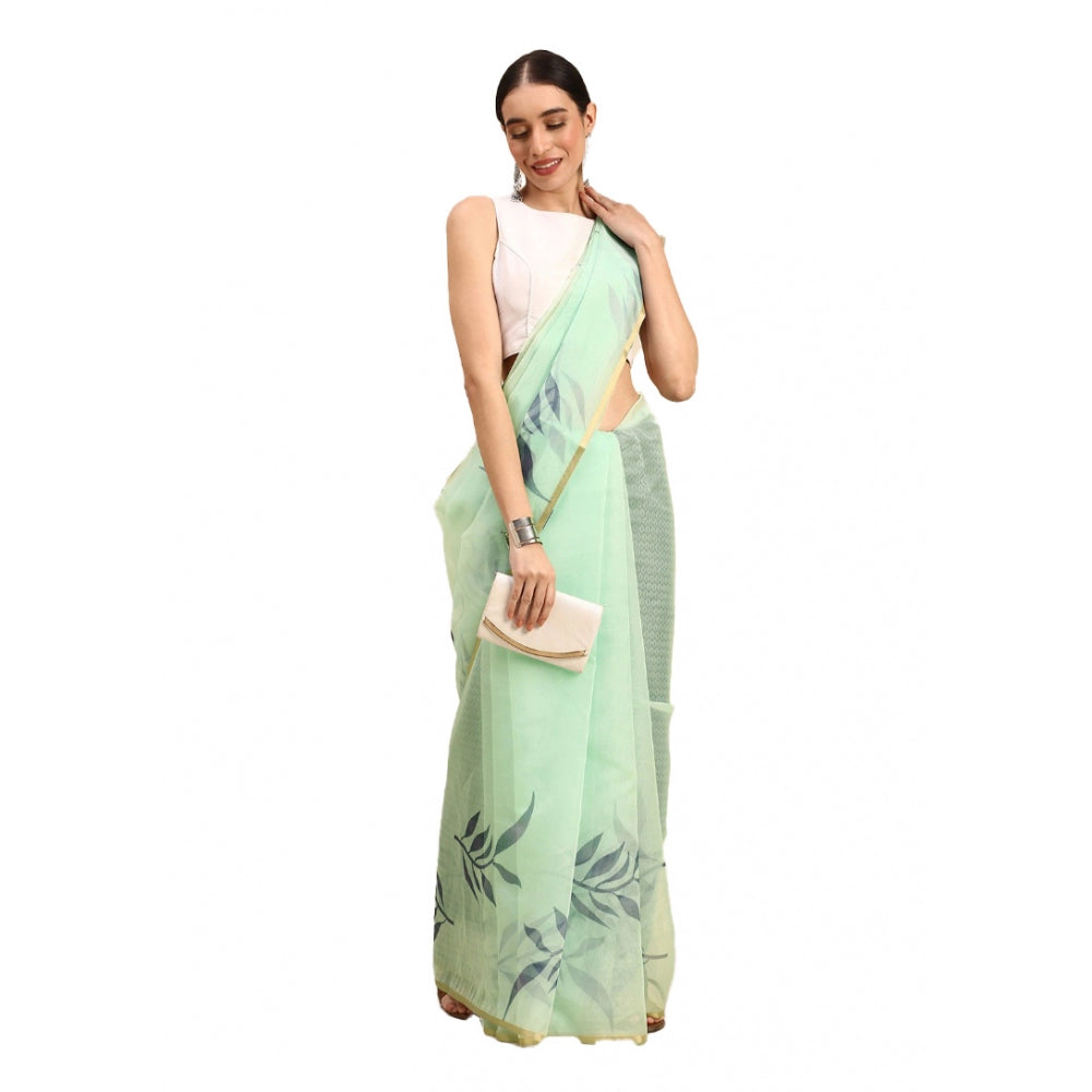 Clasymist Women's Organza Floral Print Saree With Unstitched Blouse 5.5Mtr (Sea Green)