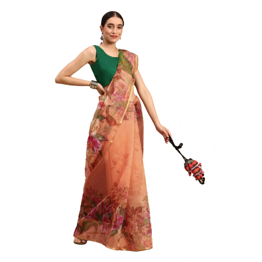 Clasymist Women's Organza Printed Saree With Unstitched Blouse 5.5Mtr (Peach)