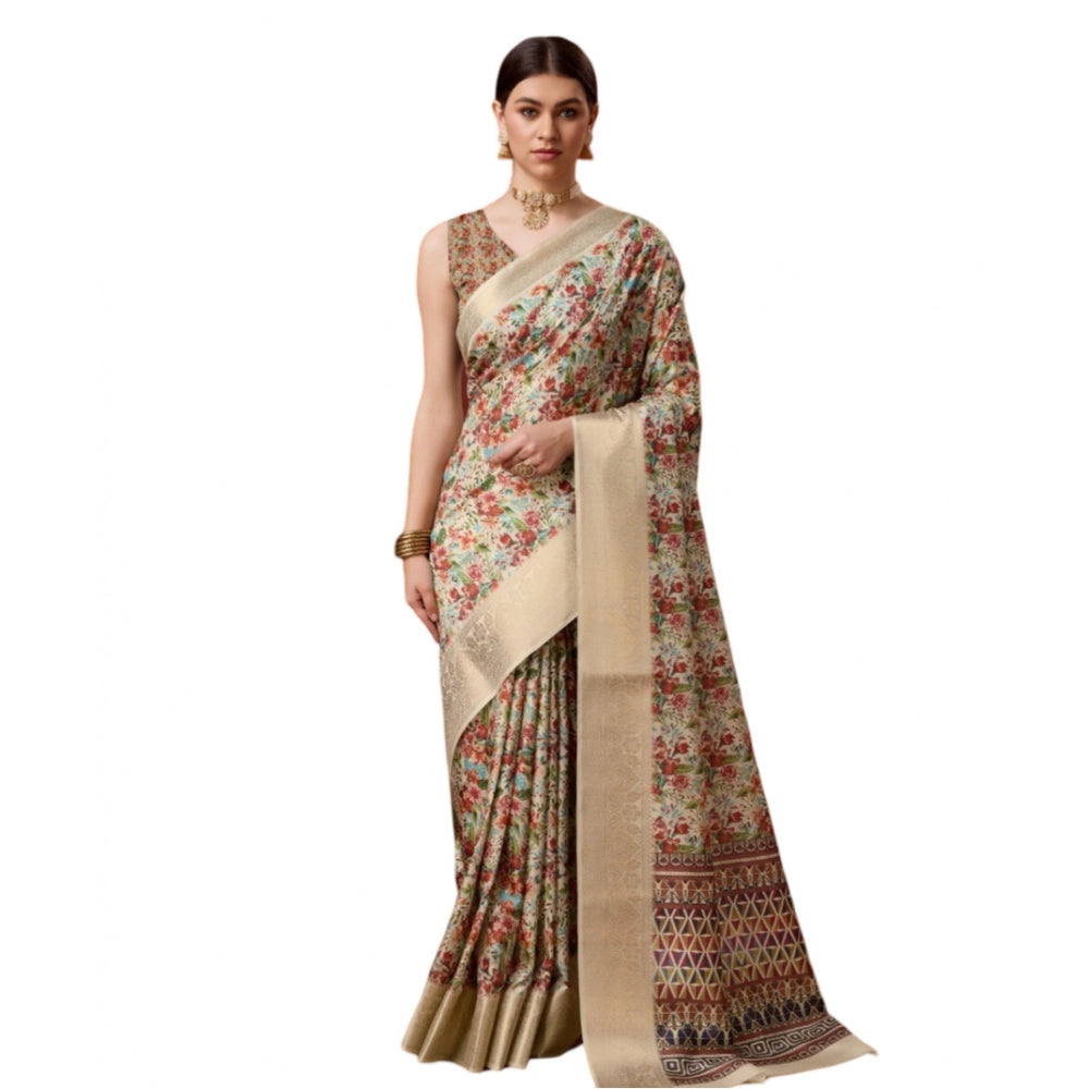 Clasymist Women's Cotton Printed Saree With Unstitched Blouse 5.5Mtr (White-Red)