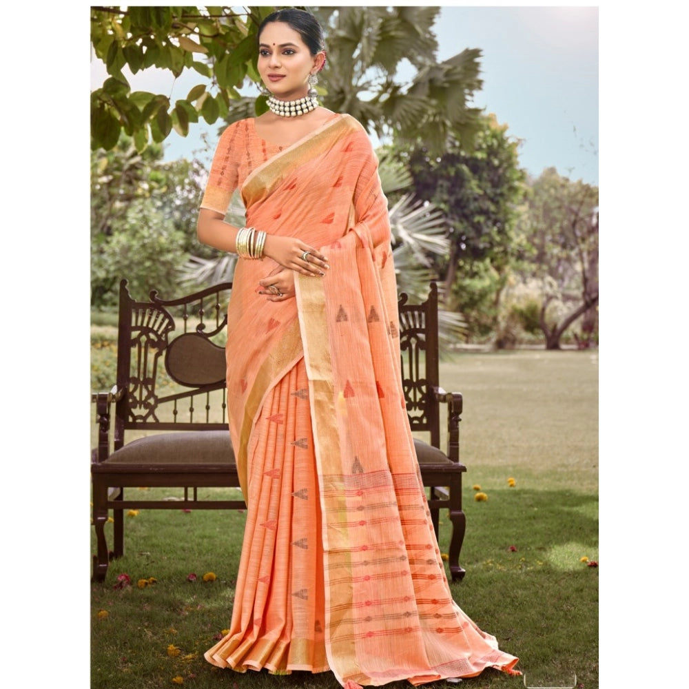 Clasymist Women's Cotton Printed Saree With Unstitched Blouse 5.5Mtr (Peach)