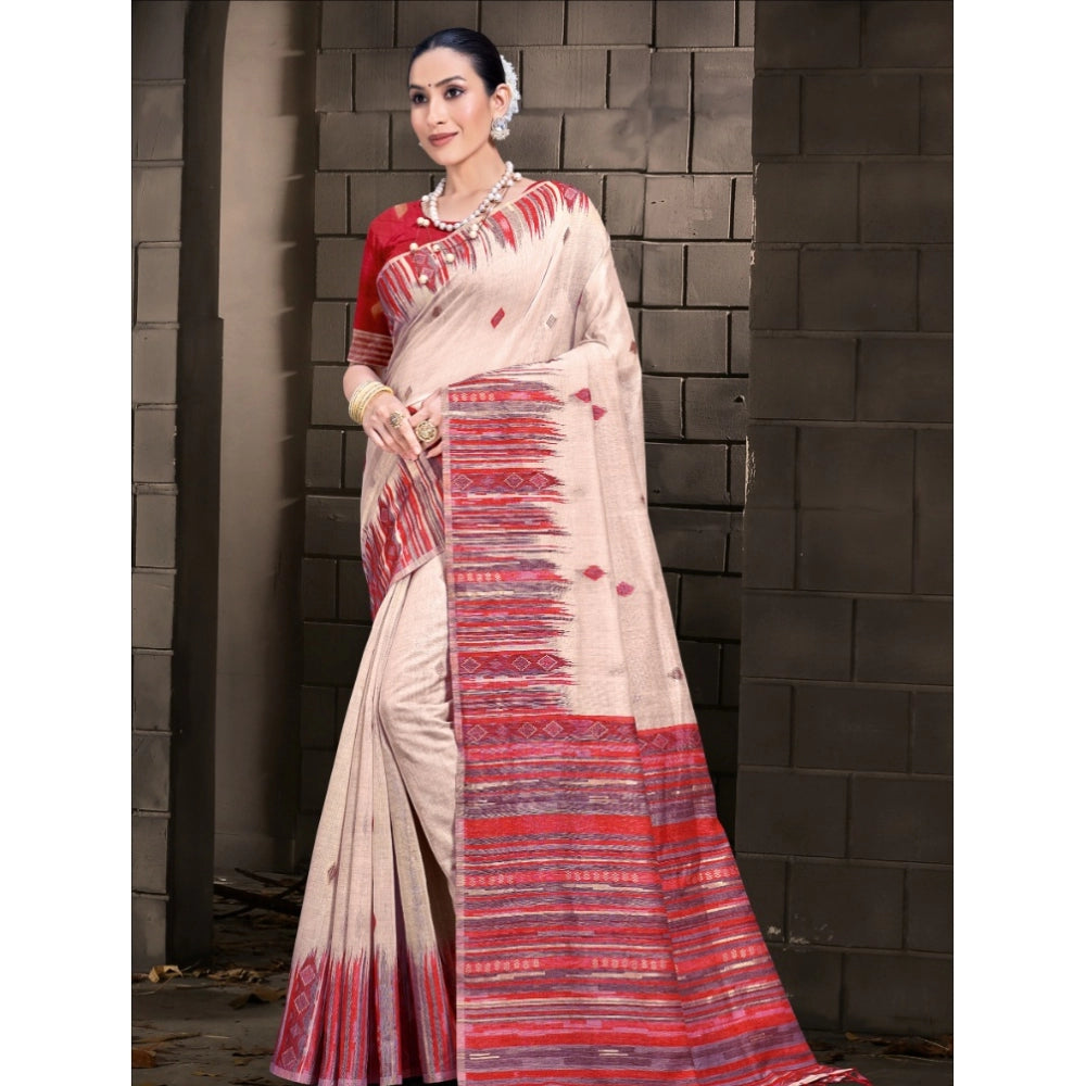 Clasymist Women's Cotton Printed Saree With Unstitched Blouse 5.5Mtr (Cream-Red)