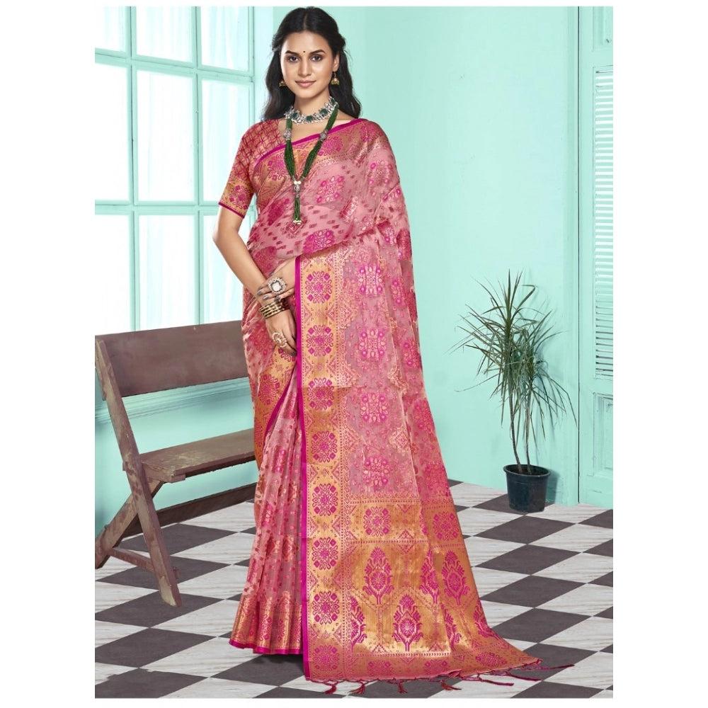 Clasymist Women's Organza Woven Design Saree With Unstitched Blouse 5.5Mtr (Pink)