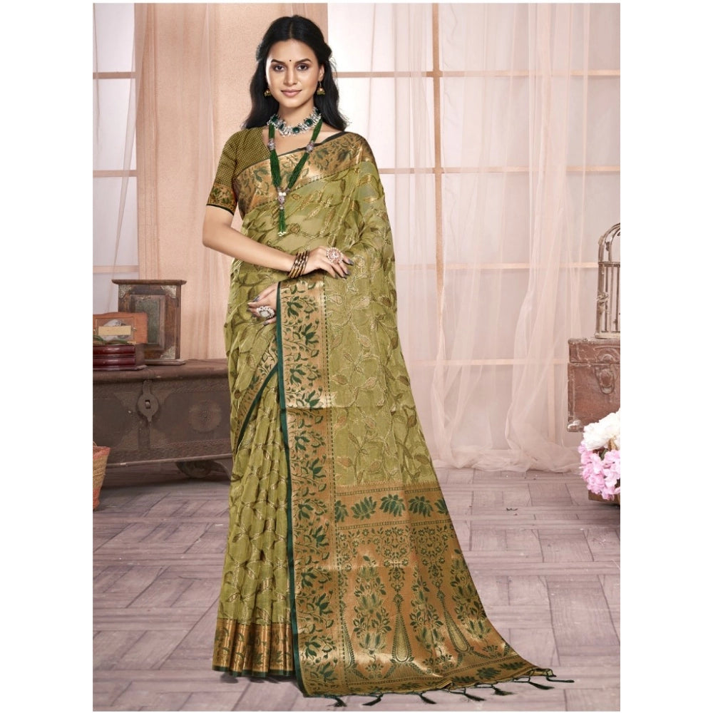 Clasymist Women's Organza Woven Design Saree With Unstitched Blouse 5.5Mtr (Olive-green)