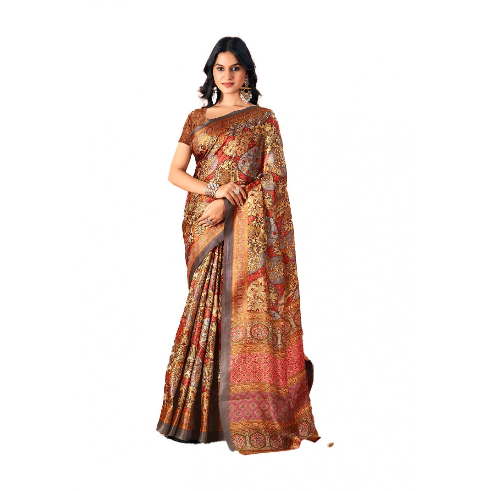 Clasymist Women's Polyester Printed Saree With Unstitched Blouse 5.5Mtr (Brown)