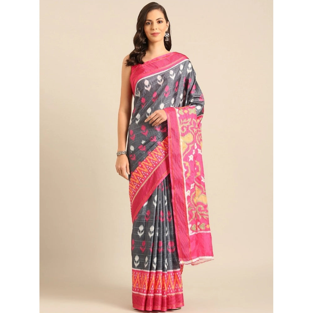 Clasymist Women's Cotton Printed Saree With Unstitched Blouse 5.5Mtr (Grey-Pink)