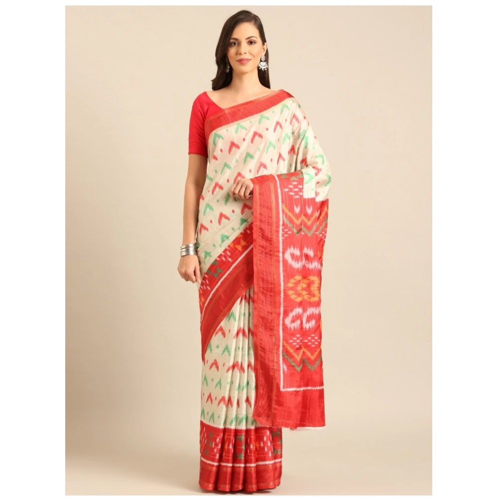 Clasymist Women's Cotton Printed Saree With Unstitched Blouse 5.5Mtr (Off-white)