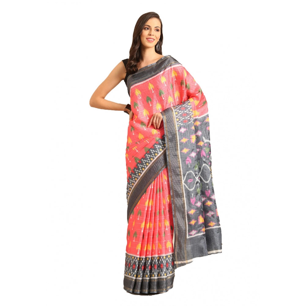 Clasymist Women's Cotton Printed Saree With Unstitched Blouse 5.5Mtr (Pink-Grey)