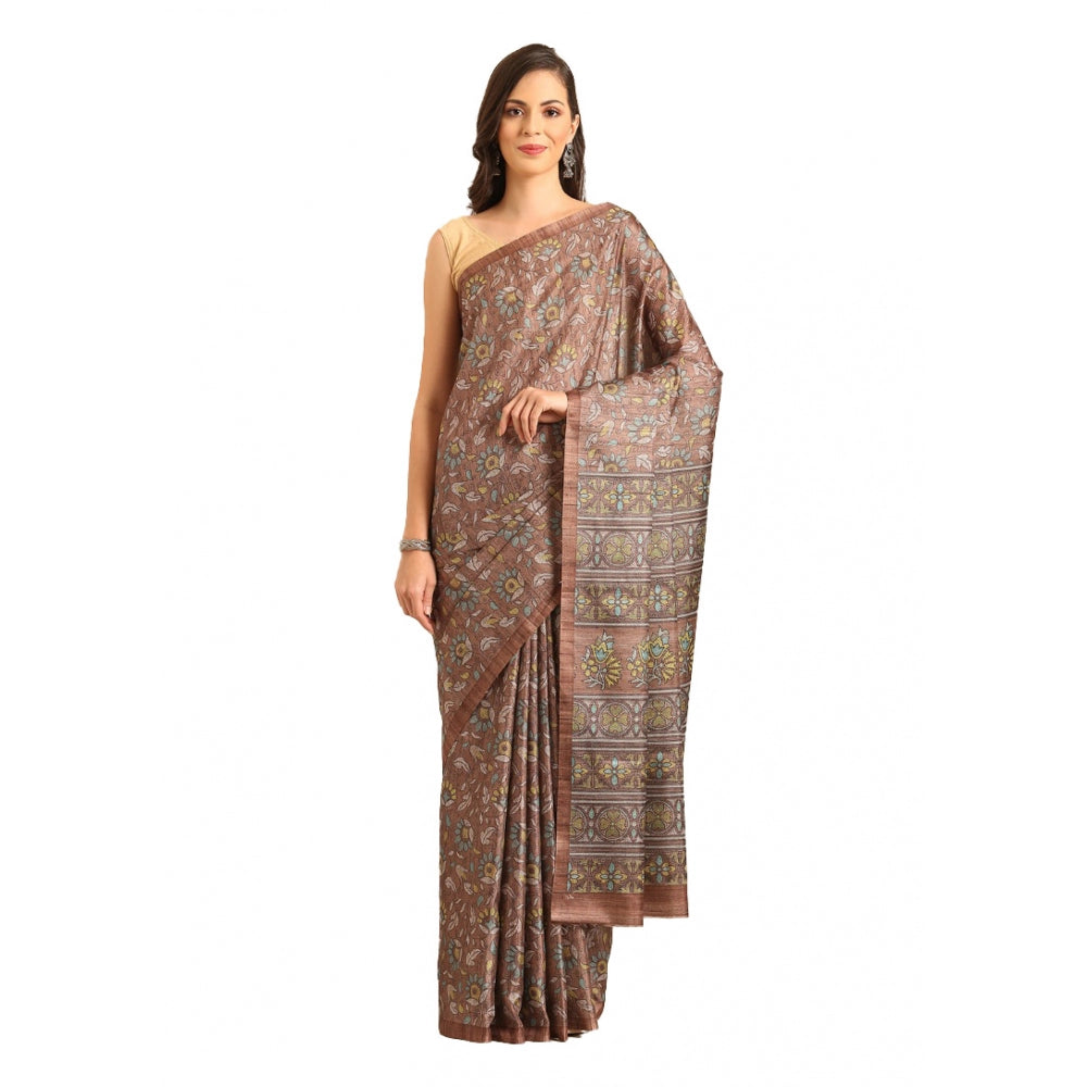 Clasymist Women's Cotton Printed Saree With Unstitched Blouse 5.5Mtr (Brown-Yellow)