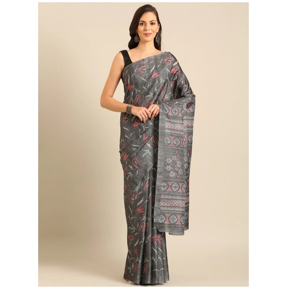 Clasymist Women's Cotton Printed Saree With Unstitched Blouse 5.5Mtr (Grey)