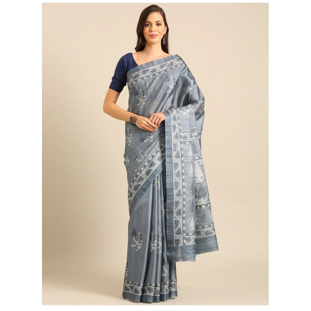 Clasymist Women's Cotton Printed Saree With Unstitched Blouse 5.5Mtr (Grey)