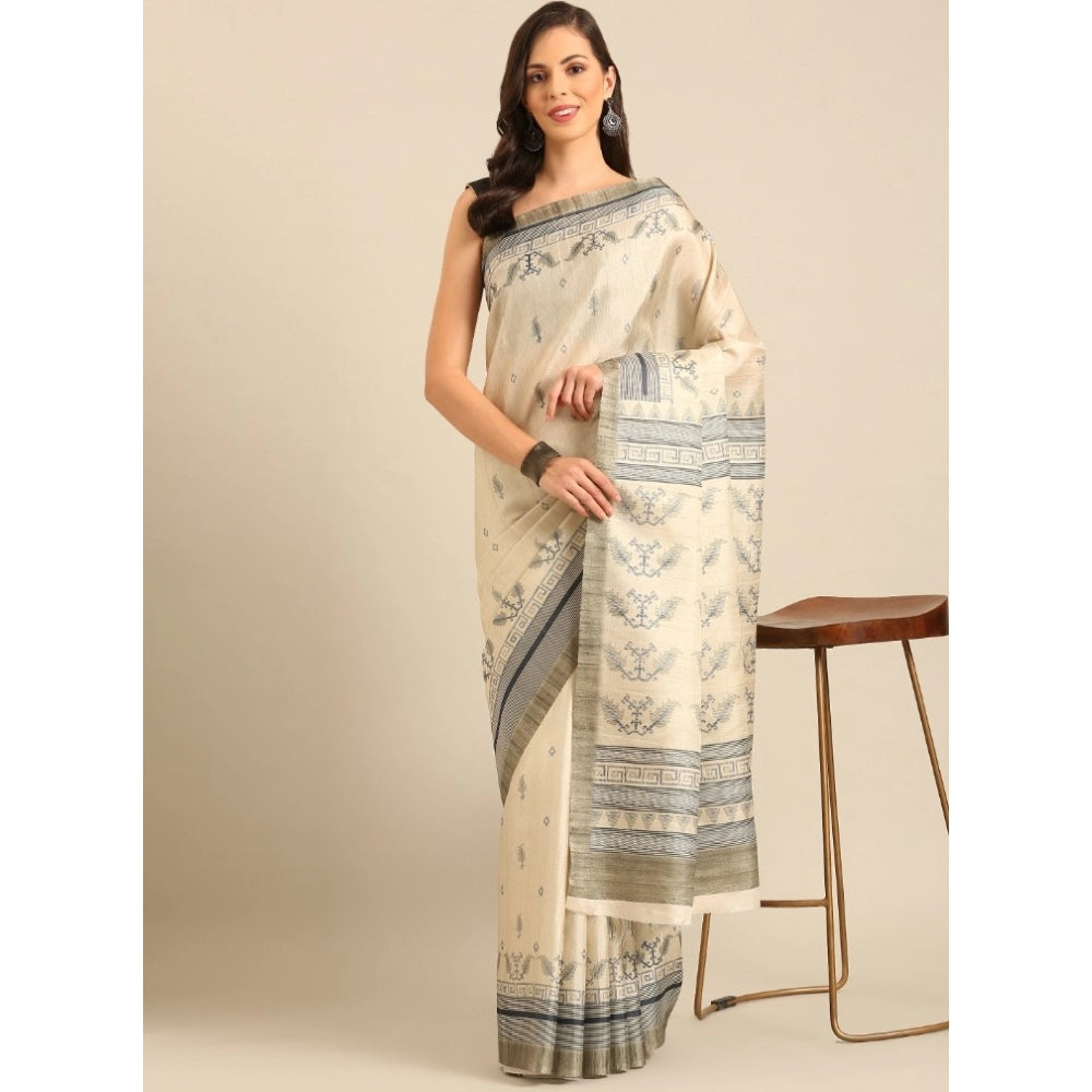 Clasymist Women's Cotton Printed Saree With Unstitched Blouse 5.5Mtr (Cream)