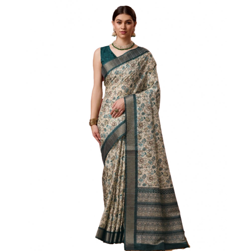 Clasymist Women's Cotton Printed Saree With Unstitched Blouse 5.5Mtr (Green)