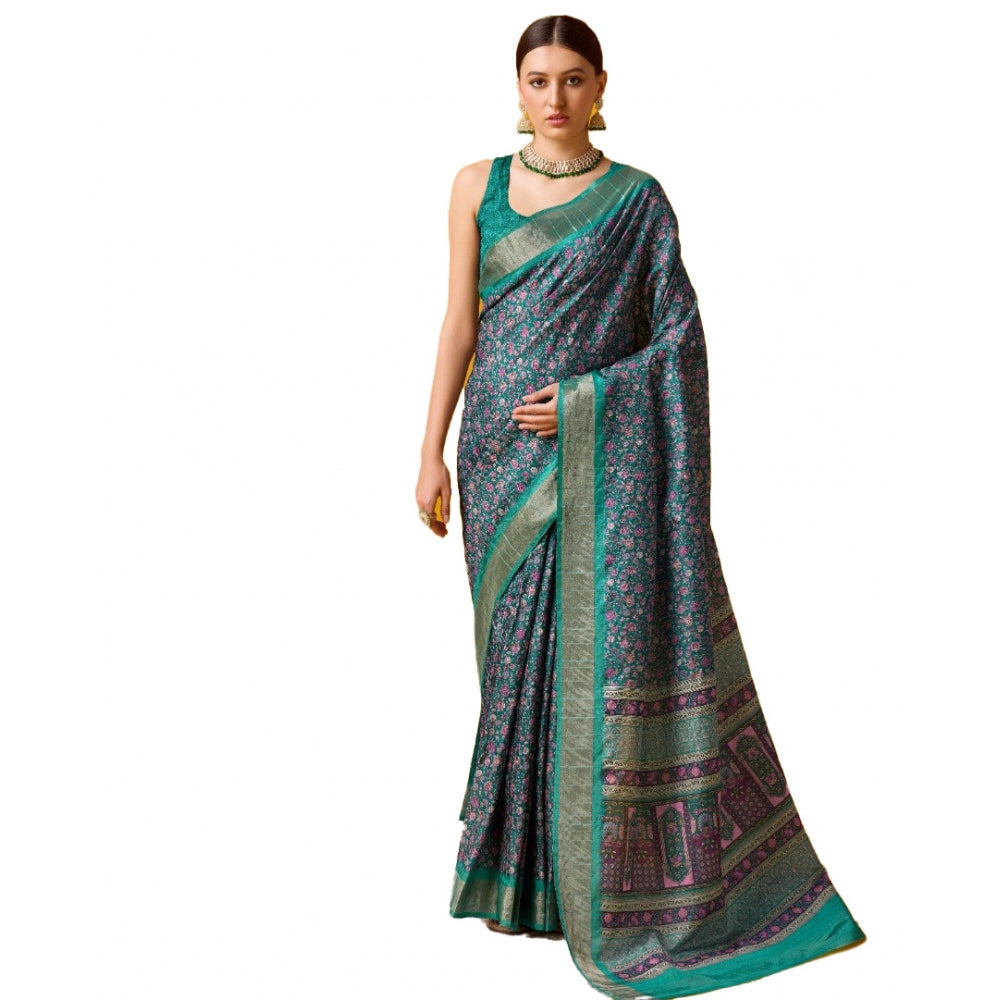 Clasymist Women's Cotton Printed Saree With Unstitched Blouse 5.5Mtr (Green)