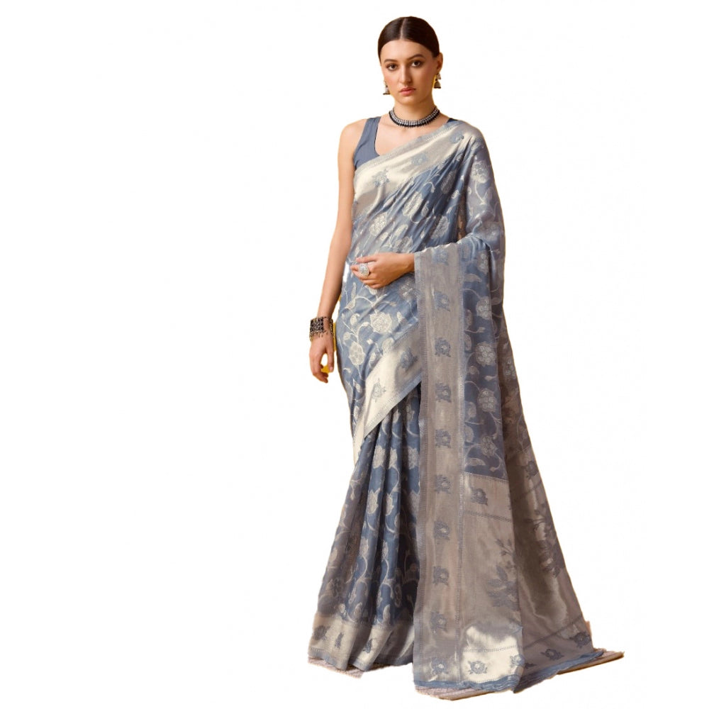 Clasymist Women's Cotton Printed Saree With Unstitched Blouse 5.5Mtr (Grey)