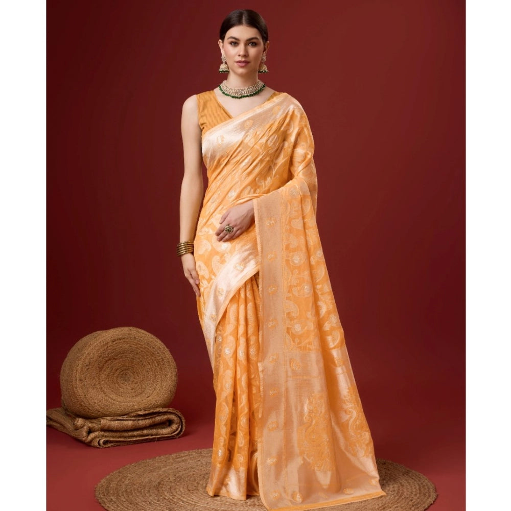 Clasymist Women's Cotton Woven Design Saree With Unstitched Blouse 5.5Mtr (Orange)