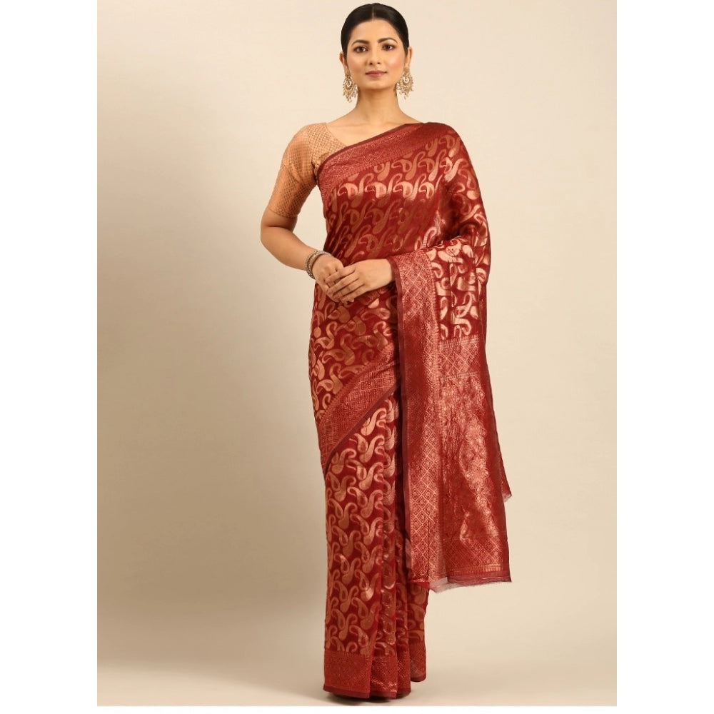 Clasymist Women's Cotton Woven Design Saree With Unstitched Blouse 5.5Mtr (Maroon)