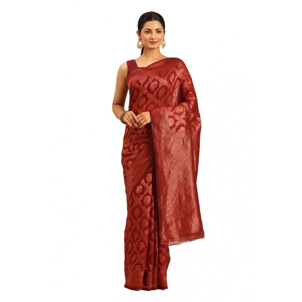 Clasymist Women's Cotton Woven Design Saree With Unstitched Blouse 5.5Mtr (Maroon)