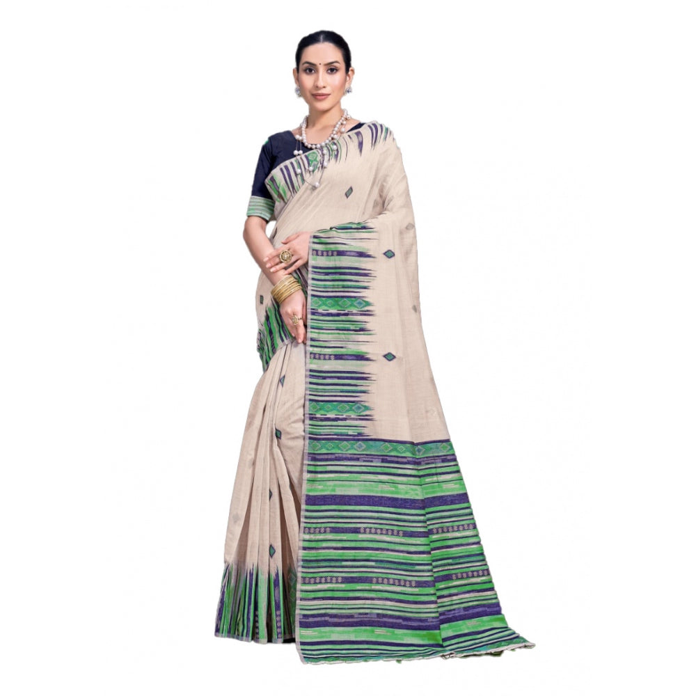 Clasymist Women's Cotton Printed Saree With Unstitched Blouse 5.5Mtr (Cream-Green)