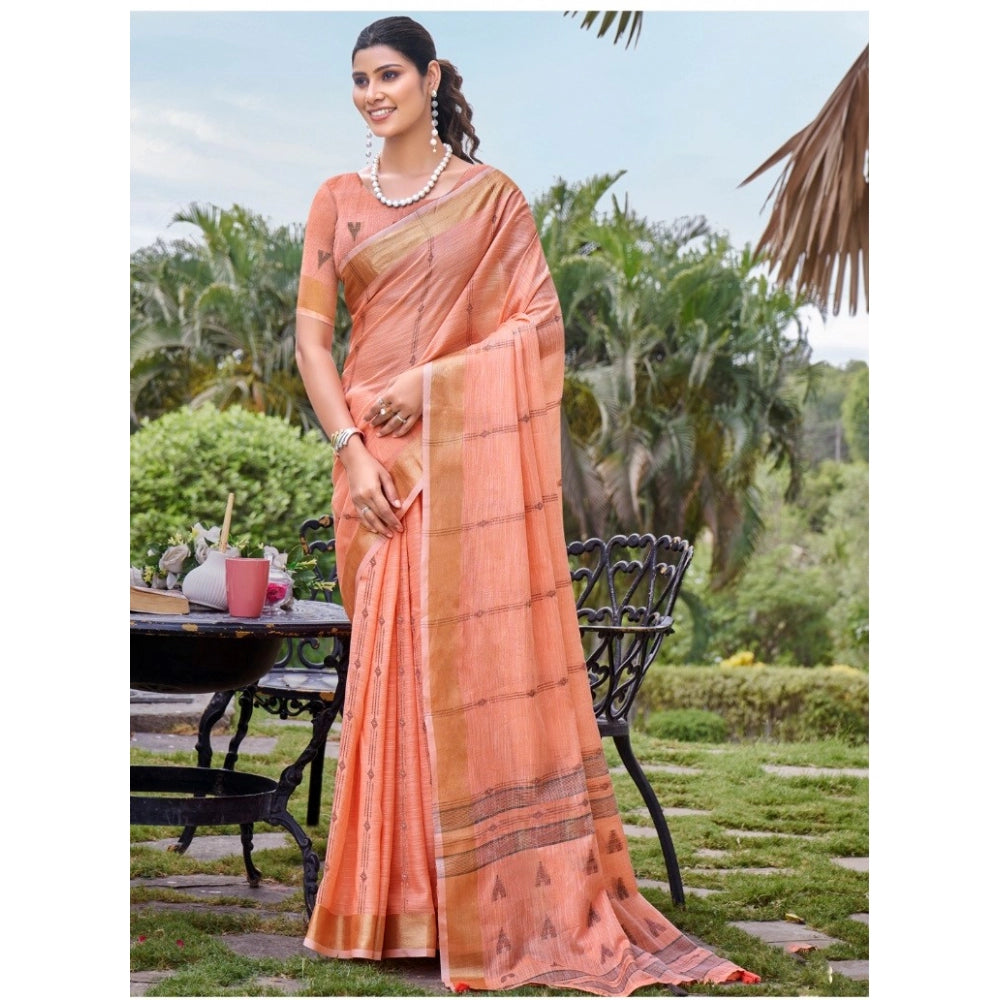 Clasymist Women's Cotton Printed Saree With Unstitched Blouse 5.5Mtr (Peach)