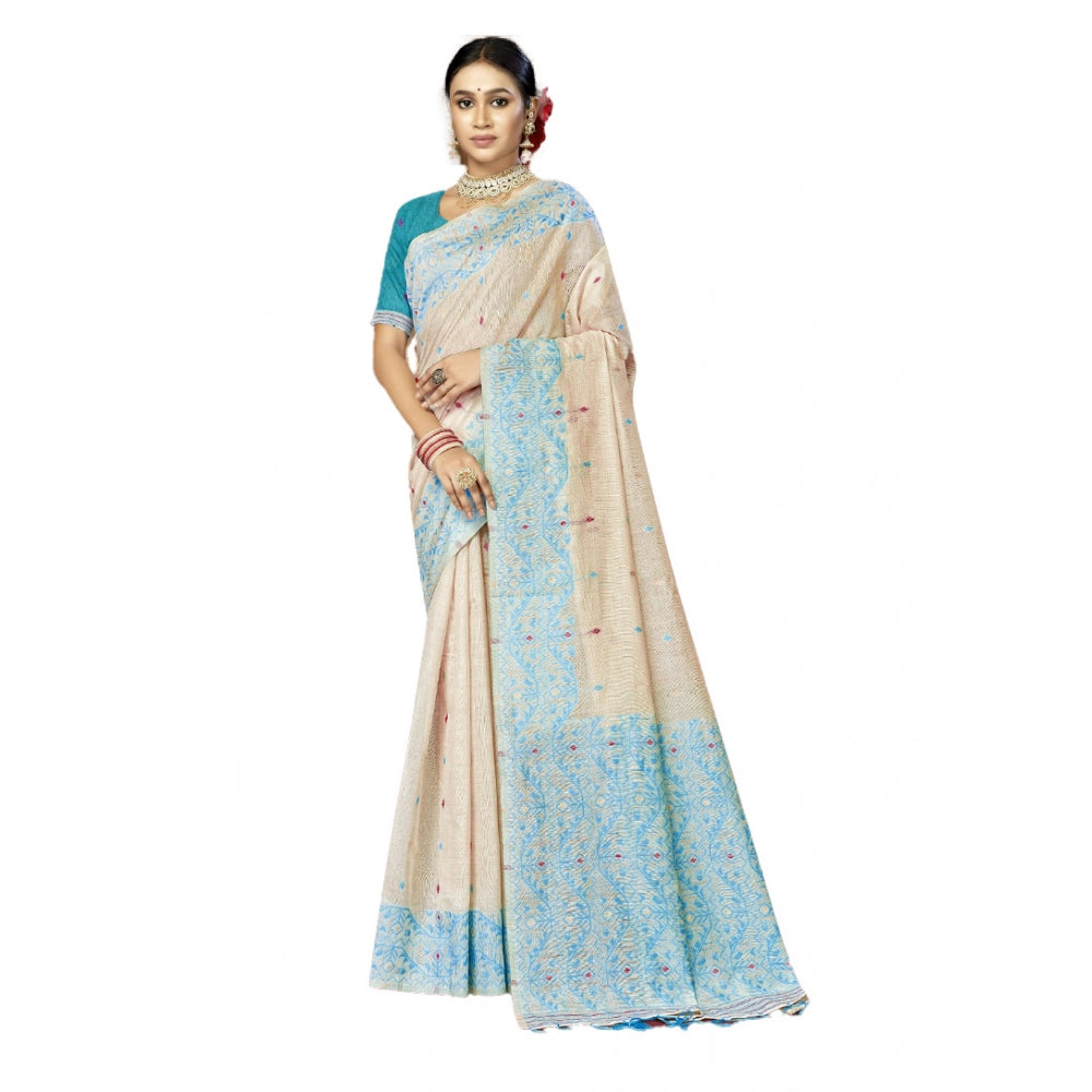 Clasymist Women's Cotton Woven Design Saree With Unstitched Blouse 5.5Mtr (SkyBlue)