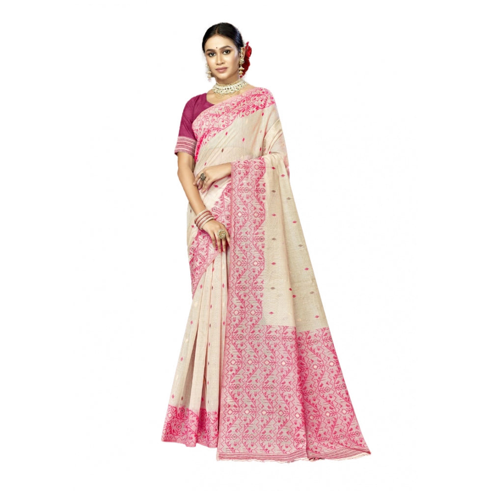 Clasymist Women's Cotton Woven Design Saree With Unstitched Blouse 5.5Mtr (Pink)