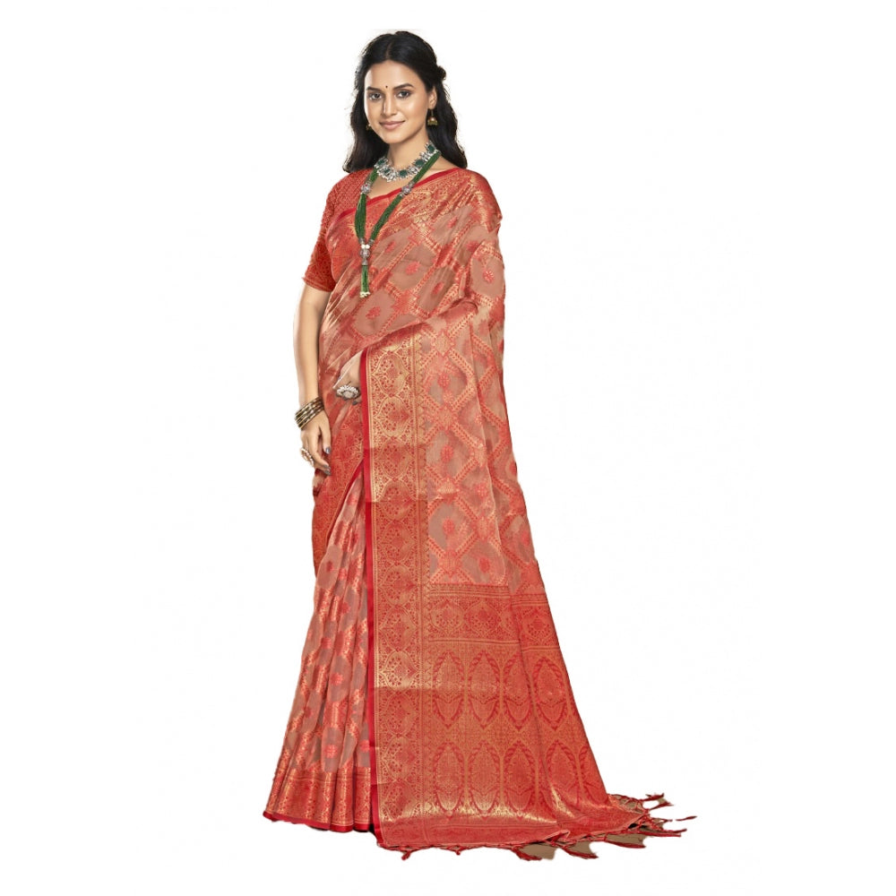 Clasymist Women's Organza Woven Design Saree With Unstitched Blouse 5.5Mtr (Peach)