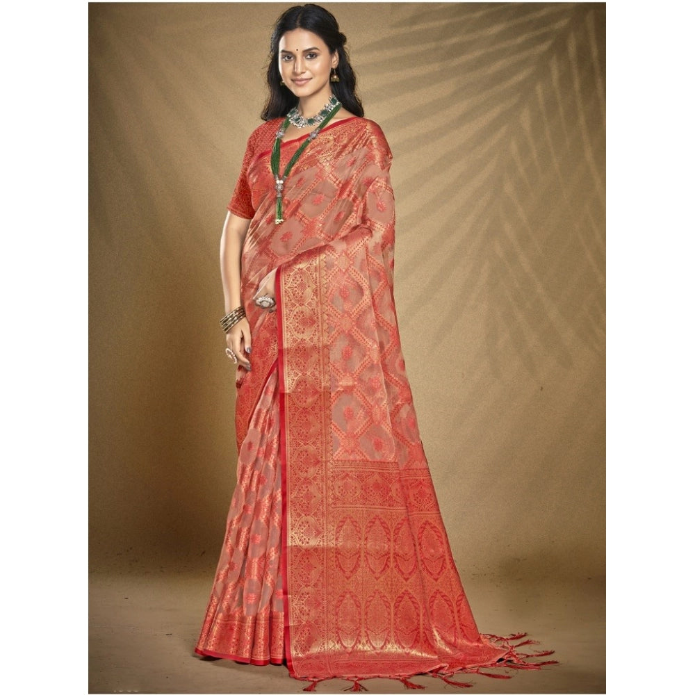 Clasymist Women's Organza Woven Design Saree With Unstitched Blouse 5.5Mtr (Peach)