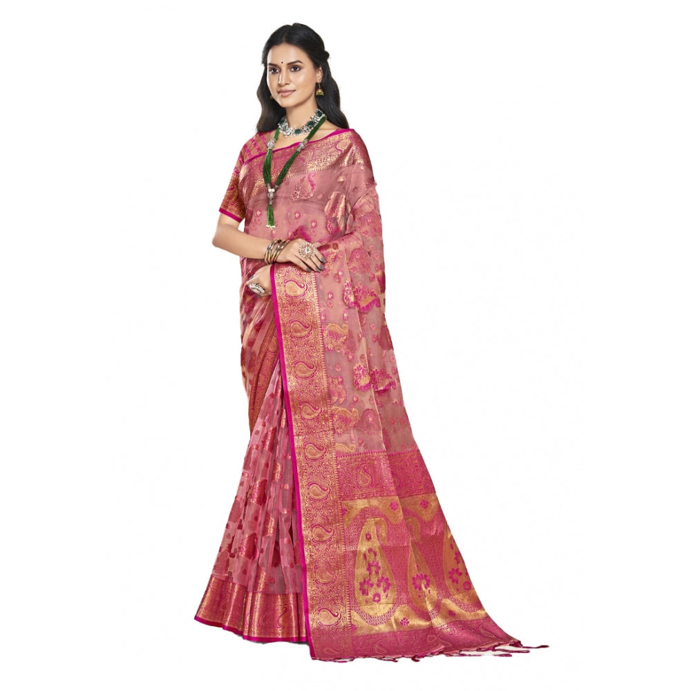 Clasymist Women's Organza Woven Design Saree With Unstitched Blouse 5.5Mtr (Pink)