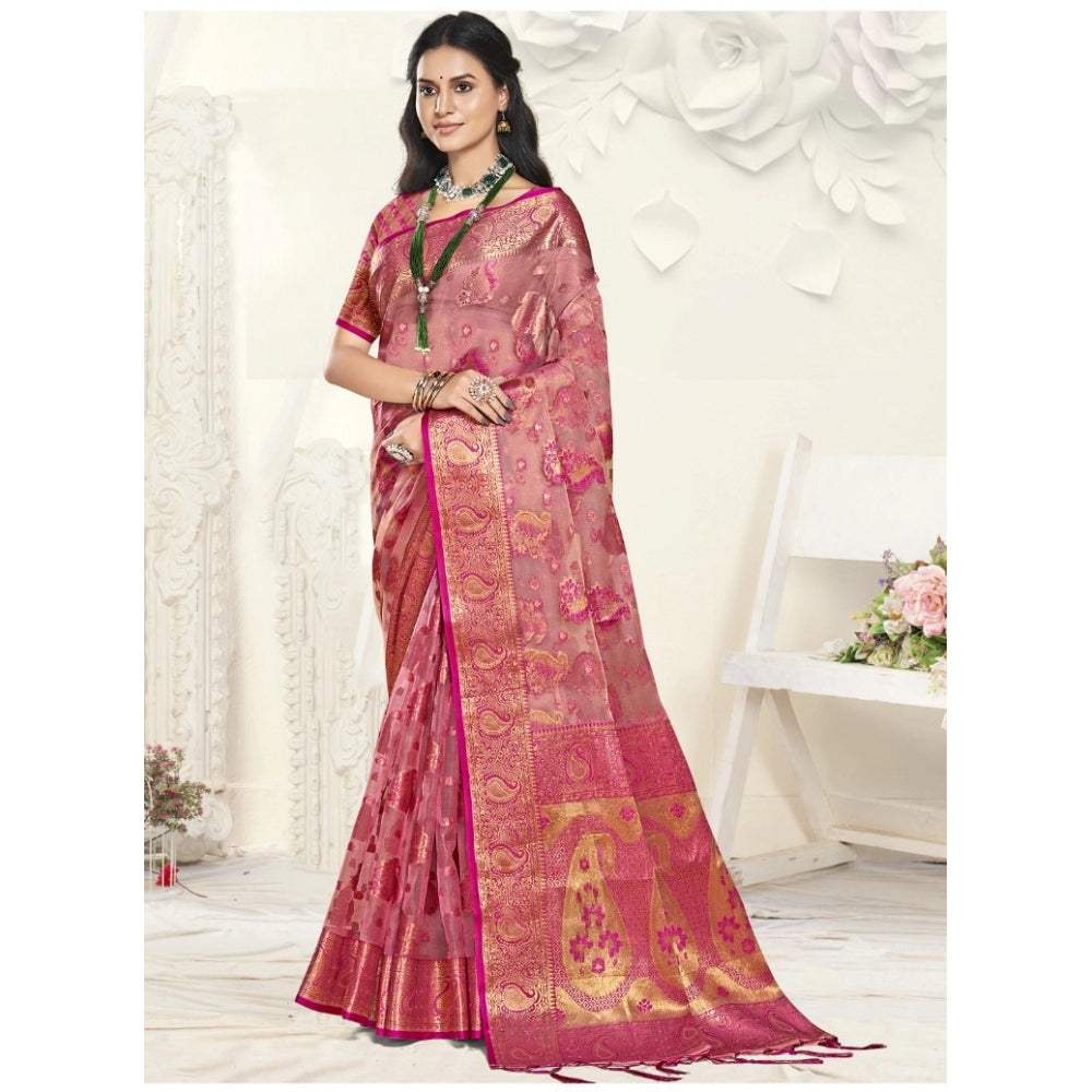 Clasymist Women's Organza Woven Design Saree With Unstitched Blouse 5.5Mtr (Pink)