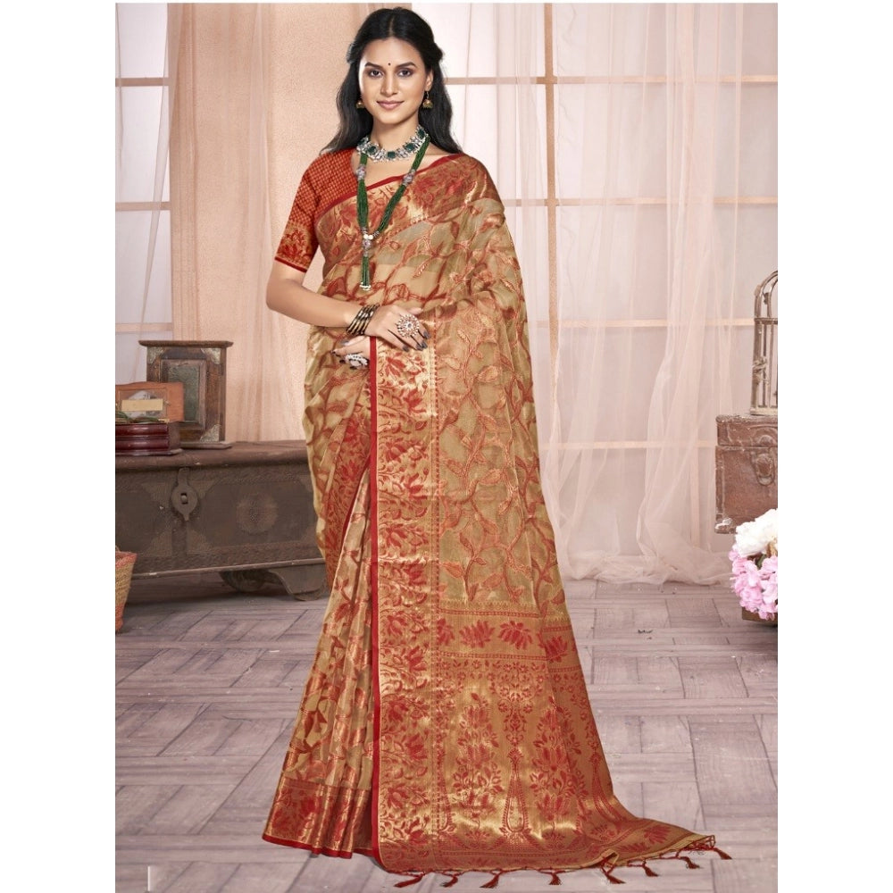 Clasymist Women's Organza Woven Design Saree With Unstitched Blouse 5.5Mtr (Beige)